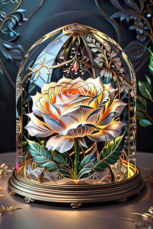 fractal art showcasing 1beautiful rose\（glass cloche dome\）： low poly art of cut paper, surrounded by intricate design, masterpiece, professional, award-winning, art station, intricate details, ultra high detailed, 16k, dramatic light, volumetric light, cybernetic illuminations, Epic,style,concept,BugCraft