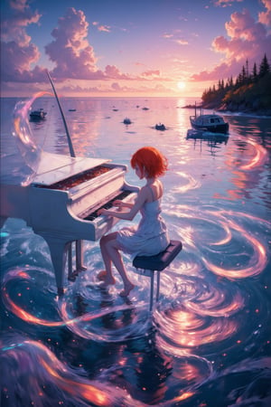 A dreamy Lofi atmosphere unfolds as a young girl with vibrant orange hair, eyes closed, and mouth slightly open plays a grand piano floating gently on the vast ocean's calm water. Soft pink and purple hues of sunset tint the sky. Gentle waves lap against the white piano, its black keys reflecting the colors of the musical notes flowing in the air like glowing particles. The distant background is blurred, focusing attention on the girl and her serene performance.,Anime Style