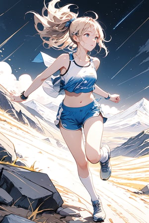 (masterpiece:1.2), best quality, ultra-detailed, 8K, A girl, ((running)), night,toned perfect body proportions, blonde hair, blonde ponytail hair, wearing a blue sports top, navel, blue floaty shorts, white knee-high socks,  running shoes ,black|white, trail running uphill on a foggy matte black mountain road, The road is made of dirt and stones, with the camera view from behind looking forward, deep in focus, mountain, rock, shooting star, Wasteland style background, real_hands, better_hands, hands,