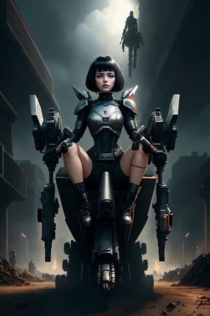 (Masterpiece: 1.2), (an individual), (eyes closed:1.2), （heavy gun:1.3),  full body, best quality, ultra-detailed, 8k, HDR, highres,（absurdres:1.2）, a mechanical robot-human hybrid woman, sits on a slowly descending metal flying chair,  (show legs), gothic woman head, bob haircut, short hair, makeup, parted lips, black lipstick, eyeliner, with a bob haircut with bangs, robot’s body and legs with a detailed anatomical view, mechanical legs, chair on a wasteland, hand with a heavy machine gun, facing forward, front view, from below, movie backlight, backlight, wasteland background, dark theme, sci-fi,