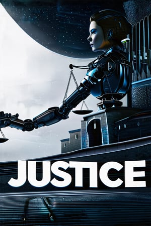 (((text say's "JUSTICE"))),  (masterpiece:1.2), best quality, ultra-detailed, 8K,  B/W, A female cyborg's arm extending from a dark space, holding a scale symbolizing justice no base, with a dark composition and a theme of judgment,