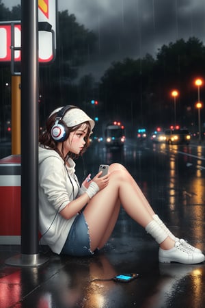 a girl accidentally falling over on the ground, she is hurt and  wrap a bandage around  on knee, she takes a mobile_phone and selfie in the rain, capturing this unique moment,  Beside the bus stop sign in the rain, （heavy rain,  a girl, selfie, bandage:1.2), white over-ear headphones, fashion model, canvas shoes, wet white jkseifuku jk , wet body, highres, absurdres, hourglass body shape, side view, Masterpiece, best quality, (ultra-detailed, 8k, uhd),