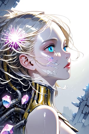 masterpiece, best quality, ultra-detailed, 8K, portrait  , face close-up ,1 robot girl  , solo, side view ,blue eyes, metal lips, the head of the robot’s girl has a llife-like face, the hair looks like strands of transparent metal tubes,the back of the robot’s girl head is transparent crystal state and inside filled with a complex cyberpunk and electric nanite veins, futuristic vision, wasteland style background,