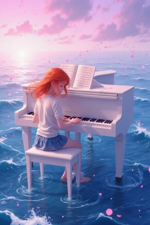 On the vast ocean, a white classical piano floats gently on the calm water as a young girl plays softly. Gentle waves lap against the piano, and the sky is tinted with soft pink and purple hues of the sunset. The whole scene has a dreamy Lofi atmosphere, with musical notes flowing in the air like waves. An animated image of a girl playing a piano. The piano is white and the keys are black. Her hair is a vibrant orange color. Her eyes are closed and her mouth is slightly open. Her hands are on the piano keys. 