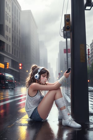 a girl accidentally falling over on the ground, she is hurt and  wrap a bandage around  on knee, she takes a mobile_phone and selfie in the rain, capturing this unique moment,  Beside the bus stop sign in the rain, （heavy raindrops,  a girl, take selfies, bandage:1.2), white over-ear headphones, fashion model, canvas shoes, wet white enmaided, wet body, highres, absurdres, hourglass body shape, side view, Masterpiece, best quality, (ultra-detailed, 8k, uhd),