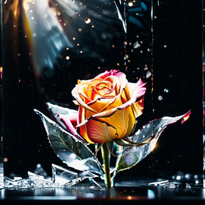 A stunning, surreal scene unfolds against a dark, icy glass backdrop, where a waning watercolor rose gently unfurls its petals, surrounded by shattered glass debris swirling into the shadows like moths to flame. Soft focus and film grain textures add warmth to the 16K resolution photography, while stippling effects create a subtle, speckled sheen. Vibrant, dotted particles dance around the rose's curves, emitting a mesmerizing digital glow that draws the viewer in. Dramatic lighting casts long shadows, adding depth and mystery to the frozen vortex of glass fragments, while volumetric lighting enhances the sense of dimensionality.