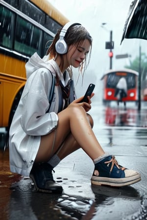 Masterpiece, best quality, (ultra-detailed, 8k, uhd),  POV, Beside the bus stop sign in the rain, a girl accidentally falling over and knee is redness and swelling,  She doesn’t cry; she takes out her phone and smiles as she takes a selfie in the rain, capturing this unique moment, Her emotions are complex, a mix of pain and appreciation for nature, and her resilience and optimism make the scene even more poignant, （raining, a girl, bandage,  selfie:1.2), white over-ear headphones, fashion model, canvas_shoes, wet school uniform, wet body, highres, absurdres,