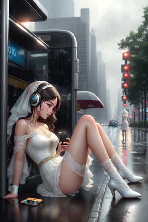 a girl accidentally falling over on the ground, she is hurt and  wrap a bandage around  a knee, but she takes a mobile_phone and selfie in the rain, capturing this unique moment,  Beside the bus stop sign in the rain, （heavy rain,  a girl, selfie:1.2), white over-ear headphones, fashion model, canvas_shoes, wet dress, wet body, highres, absurdres, hourglass body shape, Taiwanese woman, Masterpiece, best quality, (ultra-detailed, 8k, uhd),
