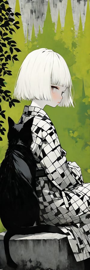 (black and white checkerboard dress) ,A 10 yo solo girl with pale skin and short hair sits on a mottled park cement seat amidst wiltered leaves and branches. She wears a black/white checkerboard Japanese kimono dress with citrus hair accessories and a bob haircut with lash-grazing bangs/fringe.(( A large, dark cat overlaps her side view)), unmoving pattern, flat pattern reminiscent of Albert Dubout's style. The scene is set against a grass green raw concrete background, with the girl's pale skin and dark cat forming an striking contrast.