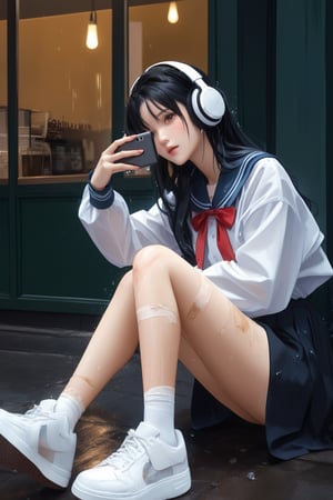 a girl accidentally falling over on the ground, she is hurt and put a wound_gauze on her upper calf, she takes selfies and using her iPhone, capturing this unique moment, Beside the coffee_shop, heavy rain, (a girl), (wound_gauze:1.2), (take selfies:1.3), white over-ear headphones, fashion model, white canvas shoes, white wet jkseifuku jk dress, wet body, highres, absurdres, hourglass body shape, side view, Masterpiece, best quality, (ultra-detailed, 8k, uhd),