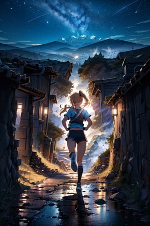 (masterpiece:1.2), best quality, ultra-detailed, 8K, A girl, ((running)), night,toned perfect body proportions, blonde hair, blonde ponytail hair, wearing a blue sports top, navel, blue floaty shorts, white knee-high socks,  running shoes ,black|white, trail running uphill on a foggy matte black mountain road, The road is made of dirt and stones, with the camera view from side view, deep in focus, mountain, rock, shooting star, Wasteland style background, real_hands, better_hands, hands,