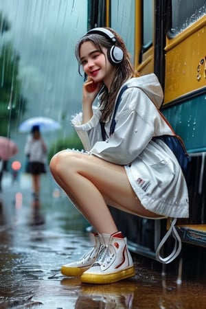 Masterpiece, best quality, (ultra-detailed, 8k, uhd), POV, Beside the bus stop sign in the rain, a girl accidentally falling over, knee bleeding, She doesn’t cry, she takes out her phone and smiles as she takes a selfie in the rain, capturing this unique moment, Her emotions are complex, a mix of pain and appreciation for nature, and her resilience and optimism make the scene even more poignant,（raining, a girl, selfie:1.2),white over-ear headphones, fashion model, canvas_shoes, wet summer school uniform, wet body, highres, absurdres,