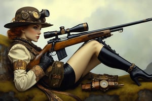  a female sniper lying in wait with a sniper rifle, in the style of Esao Andrews, Gustav Klimt, and steampunk, full body,