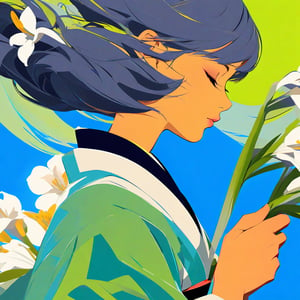 Digital Illustration, 2d, solo, short hair, simple background, shirt, brown/coffee hair, hair blown by the wind, long sleeves, messy hair, 1girl, holding, half body, closed eyes, white shirt, upper body, (((flower:1.5))), Flowers fill the front and back, female focus, white japanese clothes, from side, face to left side, profile, blue background, white flower, hakama, holding flower, smell flower, lily \(flower\), masterpiece, professional, ultra high quality, award-winning, intricate details, ultra high detailed, 16k, Epic, right side sun light, Heterochromia, kabuki,