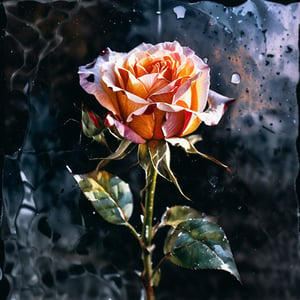 Generate an image of a delicate withered watercolor rose unfolding its petals against a black, icy glass backdrop, captured in soft focus with 16K resolution photography and film grain/stippling effects adding texture. The rose's curves are surrounded by vibrant, dotted particles creating a mesmerizing digital sheen. Shattered glass debris swirls into the shadows, drawn to the rose's ethereal beauty. Dramatic lighting casts long shadows, while volumetric lighting adds depth to the frozen vortex of glass fragments, 5point perspective, watercolor \(medium\)