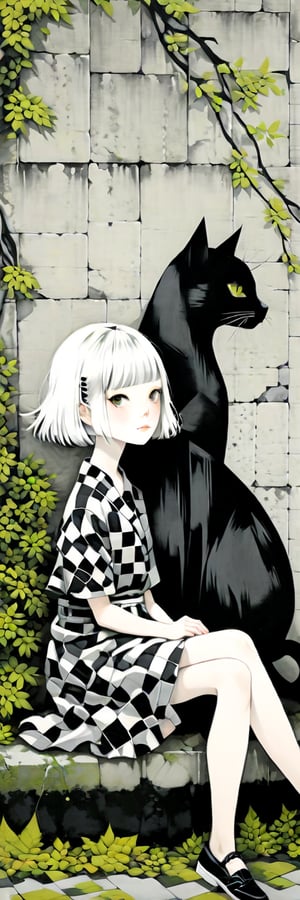 (black and white checkerboard dress) ,A 10 yo solo girl with pale skin and short hair sits on a mottled park cement seat amidst wiltered leaves and branches. She wears a black/white checkerboard Japanese kimono dress with citrus hair accessories and a bob haircut with lash-grazing bangs/fringe.(( A large, dark cat overlaps her side view)), unmoving pattern, flat pattern reminiscent of Albert Dubout's style. The scene is set against a grass green raw concrete background, with the girl's pale skin and dark cat forming an striking contrast.,more detail XL,