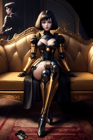 (Masterpiece: 1.2), (a woman), with mechanical robot-human hybrid  body, body and legs with a detailed transparent mechanical structure, (eyes closed:1.2), （gun:1.3),  full body, best quality, ultra-detailed, 8k, HDR, highres,（absurdres:1.2）, sits on an amazing golden 18-century classical sofa, (show legs), gothic woman head, bob haircut, short hair, makeup, parted lips, black lipstick, eyeliner, with a bob haircut with bangs,  hand hold a heavy gun , fractal art, (tarot card design), black cat, facing forward, front view, dark theme, elegant flourishes, lofi art style, retro, highly dark theme , chinese ink drawing, guweiz artwork,