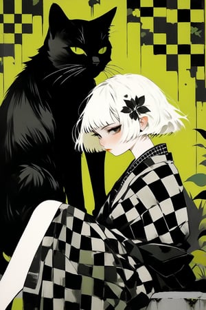 A solo girl with pale skin and short hair sits on a mottled park cement seat amidst wiltered leaves and branches. She wears a black/white checkerboard Japanese kimono dress with citrus hair accessories and a bob haircut with lash-grazing bangs/fringe. A large, dark cat overlaps her side view, unmoving in a flat pattern reminiscent of Albert Dubout's style. The scene is set against a grass green raw concrete background, with the girl's pale skin and dark cat forming an striking contrast.