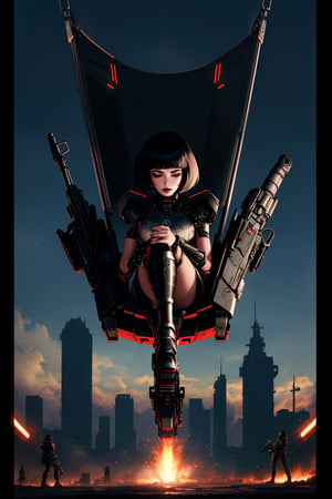 (Masterpiece: 1.2), (an individual), (eyes closed:1.2), （heavy gun:1.3),  full body, best quality, ultra-detailed, 8k, HDR, highres,（absurdres:1.2）, a mechanical robot-human hybrid woman, sits on a slowly descending metal flying chair,  (show legs), gothic woman head, bob haircut, short hair, makeup, parted lips, black lipstick, eyeliner, with a bob haircut with bangs, robot’s body and legs with a detailed anatomical mechanical view,  chair on a wasteland, hand with a heavy machine gun, facing forward, front view, from below, movie backlight, backlight, wasteland background, dark theme, sci-fi,
