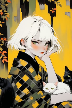 A young woman with porcelain skin and short, sleek hair sits on a weathered park bench amidst a tapestry of autumn leaves and tangled branches. She wears a bold black and white checkerboard kimono dress, accented by citrus-hued accessories and a chin-length bob with fringe that grazes her eyelashes. A massive, inky cat overlaps her profile, frozen in a flat plane reminiscent of Dubout's surreal style. The scene unfolds against a raw concrete backdrop painted a vibrant grass green, where the subject's ethereal skin and the cat's dark fur create a striking visual tension.
