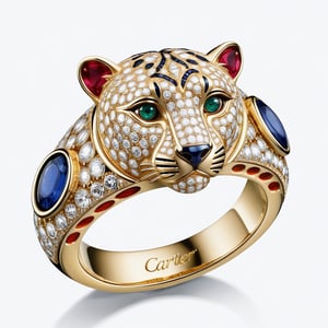 (((Text "Cartier": 1.7))) in the ring, (((Text "Cartier": 1.7))) , (((Text "Cartier": 1.7))) , Realism, // Cartier small diamond (beardless, no whiskers) cheetah modeling ring, big eyes, ring platform yellow gold, (pear_cut Sapphire eyes,  three-dimensional, ruby, sapphire, Emerald, shiny, sharp focused eyes), ((light red box)), masterpiece, (extremely detailed, fine touch:1.3), professional, award-winning, intricate details, 16k, Epic, concept, meticulous details, silky seat, soft lignt,more detail XL,Text, sideways,artint