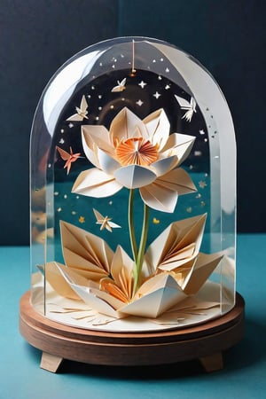 origami style  showcasing 1little beautiful rosebud\（glass dome\）： Deep layers of cut paper, surrounded by intricate design, masterpiece, professional, award-winning, art station, intricate details, ultra high detailed, 16k, dramatic light, volumetric light, cybernetic illuminations, Epic,style,concept, ,