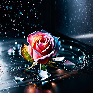 Here is a high-quality coherent stablediffusion prompt based on your input:

Generate an image of a delicate waning watercolor rose unfolding its petals against a dark, icy glass backdrop, captured in soft focus with 16K resolution photography and film grain/stippling effects adding texture. The rose's curves are surrounded by vibrant, dotted particles creating a mesmerizing digital sheen. Shattered glass debris swirls into the shadows, drawn to the rose's ethereal beauty. Dramatic lighting casts long shadows, while volumetric lighting adds depth to the frozen vortex of glass fragments.