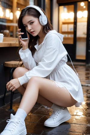 a girl accidentally falling over on the ground, she is hurt and put a（wound-gauze on her knee）, she takes selfies and using her iPhone, capturing this unique moment, Beside the coffee_shop, （heavy rain, a girl, wound_gauze:1.2), (take selfies:1.3), white over-ear headphones, fashion model, white canvas shoes, white wet jkseifuku jk dress, wet body, highres, absurdres, hourglass body shape, side view, Masterpiece, best quality, (ultra-detailed, 8k, uhd),