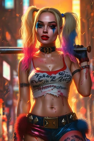 Harley Quinn poses confidently in a vibrant, gritty urban setting at sunset, with bold orange and purple hues casting an edgy glow. Her golden blonde hair, dyed pink and light blue, is tied in messy pigtails, with smudges of color on her face and clothes. Black and red eye makeup creates an asymmetrical look, as if she's been crying, with Joker-like red lips curved into a twisted smile. She wears tattered shorts, a ripped T-shirt reading Daddy's Lil Monster, and worn-out boots with loose laces and mud stains. A metal collar and spiked bracelet adorn her wrists, while fishnet stockings add to the edgy allure. Harley swings a baseball bat in one hand, strutting down the street with an exaggerated, playful gait, exuding a rebellious energy that defies conventions.
masterpiece, best quality, art station, (ultra-detailed, 8k, uhd), (kawaii background:1.3), (extremely detailed, fine touch:1.3), (beauty and aesthetics:1.3), fit physique, supermodel look, 