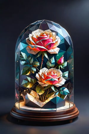 Low poly art showcasing 1beautiful rose\（glass cloche dome with glass_base\）： Deep layers of cut paper, surrounded by intricate design, masterpiece, professional, award-winning, art station, intricate details, ultra high detailed, 16k, dramatic light, volumetric light, cybernetic illuminations, Epic,style,concept,ral-polygon
