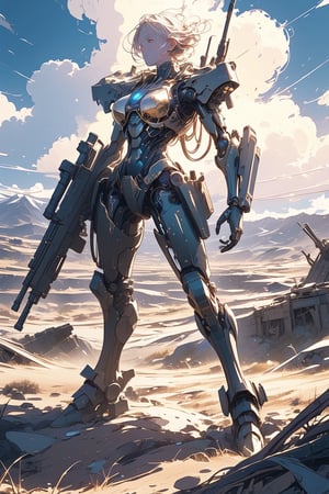 (Masterpiece: 1.2), the best quality, ultra-detailed, 8K, (perfect hands), (an individual), aliens and robots are combined, the left half-body is alien, and the right half-body is a robot, which appears a translucent anatomy, and standing on the wilderness, wasteland  background. Heavy machine gun, view, full body, front view, movie backlight, backlight, wasteland background,