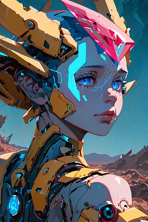 masterpiece, best quality, ultra-detailed, 8K, portrait  , face close-up ,1 robot girl  , solo, side view ,blue eyes, metal lips, the head of the robot’s girl but has a llife-like face,non hair ,the back of the robot’s girl head is transparent crystal state and inside filled with a complex cyberpunk and electric nanite veins, futuristic vision, wasteland style background,