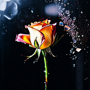 Generate an image of a delicate waning, withered watercolor rose unfolding its petals against a dark, icy glass_debris backdrop, captured in soft focus with 16K resolution photography and film grain/stippling effects adding texture. The rose's curves are surrounded by vibrant, dotted particles creating a mesmerizing digital sheen. Shattered glass debris swirls into the shadows, drawn to the rose's ethereal beauty. Dramatic lighting casts long shadows, while volumetric lighting adds depth to the frozen vortex of glass fragments.