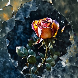 Looking down, Generate an image of a delicate waning, withered watercolor rose unfolding its petals against a dark, icy glass_debris backdrop, captured in soft focus with 16K resolution photography and film grain/stippling effects adding texture. The rose's curves are surrounded by vibrant, dotted particles creating a mesmerizing digital sheen, ((lots of glass shards burst in the picture)):1.5, drawn to the rose's ethereal beauty, repel and attract , Dramatic lighting casts long shadows, while volumetric lighting adds depth to the frozen glass fragments, The dark, cold glass fragments background and dramatic lighting create a contrasting atmosphere, emphasizing the toughness and light of roses in adversity, ,watercolor \(medium\)