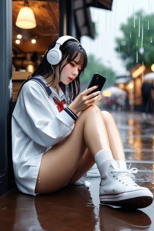 a girl accidentally falling over on the ground, she is hurt and put a bandage on her calf_muscle, she takes selfies and using her iPhone, capturing this unique moment, Beside the coffee_shop, heavy rain, (a girl), (bandage_muscle:1.2), (take selfies:1.3), take one shoe off, white over-ear headphones, fashion model, white canvas shoes, white wet jkseifuku jk dress, wet body, highres, absurdres, hourglass body shape, side view, Masterpiece, best quality, (ultra-detailed, 8k, uhd),