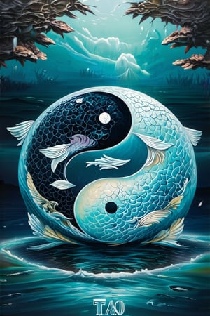 ((((text"TAO"))), (masterpiece:1.2), best quality, ultra-detailed, Flat textured poster, A majestic illustration featuring two entwined fish (Pisces) amidst swirling waters, as if Tai Chi's harmonious balance has merged with the fluidic forces of nature. In ultra-detailed 8K B/W, the poster radiates a flat textured finish, with intricate patterns and textures evoking ancient wisdom. The central axis of the composition is anchored by the iconic Tai Chi diagram, its elements merging with the aquatic theme as if reflecting the cyclical harmony between yin and yang.