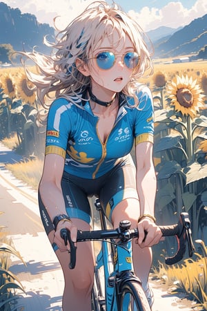 (masterpiece:1.2), best quality, ultra-detailed, 8K,  ((road bike cycling)), Tour de France, Bicycle racer, racing bicycle, road bike is Tiffany_blue color, bend_handlebar, female road racer, (yellow helmet), sunglasses, yellow zipper-opened jersey , yellow bib-short, in the style Of intense athletic competitions, a girl, emo, sweat, wet, 2hands hold on the upper handlebar , scorching sun, action shot, cowboy shot, scenery, Sunflower fields, mountainous region,