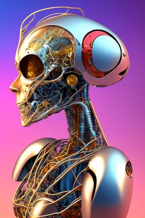 masterpiece, best quality, ultra-detailed, 8K, portrait  , face close-up ,1 robot woman , solo, side view ,blue eyes, mechanic metallic ear, metal material lips, the head of the robot’s woman has a llife-like face, no hair, the hair ‘position become a neural network formed by strands of transparent metal tubes ,the back of the robot’s woman head is transparent crystal state and inside filled with a very complex cyberpunk and electric nanite veins, futuristic vision, wasteland style background,