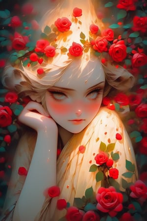 A girl stands amidst a lush greenery, her full-body portrait captured in a double exposure with an image of vibrant red roses. The soft focus of the roses blends seamlessly into the gentle raindrops glistening on her sleeve, as if the sound of rainfall on leaves is literally falling onto her. Her fragile form seems to defy the season's cycles, waiting patiently for the eternal presence of the everlasting pine tree, even in the midst of winter's chill. The poetic words scattered around her like petals and fallen leaves seem to ignite a blazing bonfire of creativity.