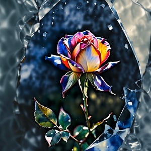 Overlook, Generate an image of a delicate waning, withered watercolor rose unfolding its petals against a dark, icy glass_debris backdrop, captured in soft focus with 16K resolution photography and film grain/stippling effects adding texture. The rose's curves are surrounded by vibrant, dotted particles creating a mesmerizing digital sheen, ((lots of glass shards burst in the picture)):1.5, drawn to the rose's ethereal beauty, repel and attract , Dramatic lighting casts long shadows, while volumetric lighting adds depth to the frozen glass fragments, The dark, cold glass fragments background and dramatic lighting create a contrasting atmosphere, emphasizing the toughness and light of roses in adversity, ,watercolor \(medium\)