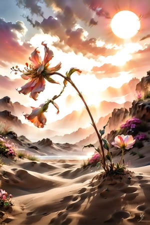 Softly focused scene captures the ethereal dance of a delicate, waning watercolor flower, its tender petals unfolding like a gentle sigh as it drifts effortlessly across a sun-kissed sandy dune, the stem stretching towards the radiant setting sun where warm hues of orange and pink harmonize in vibrant splendor.