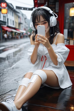 a girl accidentally falling over on the ground, she is (hurt and wrap bandages around a knee), she takes selfies and using her iPhone, capturing this unique moment, Beside the coffee_shop, （heavy rain, a girl, wrap bandage around knee:1.2), (take selfies from above:1.3), white over-ear headphones, fashion model, white canvas shoes, white wet jkseifuku jk dress, wet body, highres, absurdres, hourglass body shape, side view, Masterpiece, best quality, (ultra-detailed, 8k, uhd),