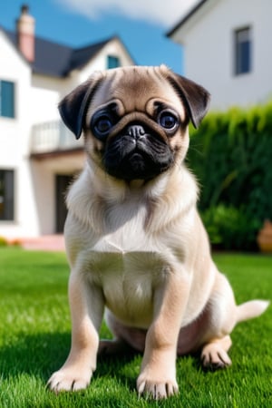 Generate hyper realistic image of  pug puppy sitting in green lawns in front of white villa.The puppy is looking at the camera. The background is out of focus.