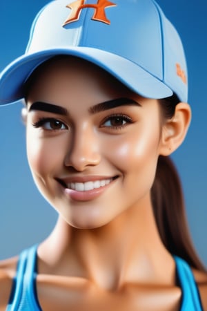 Amazingly beautiful woman oval face, radiant skin texure, fair complexion, sharp nose, almond shaped brown eyes,soft curve angled eye brows, smiling ,straight hairs  pony tell, baseball cap ,sky blue and orange gym wears,cowboy shot inside a gym ,splash detailed, surreal dramatic lighting shadow (lofi, analog)