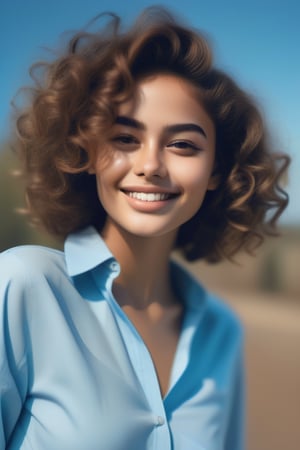 Amazingly beautiful woman oval face, radiant skin texure, fair complexion, sharp nose, almond shaped brown eyes,soft curve angled eye brows, smiling ,curly hairs  type 3c ,sky blue shirts with collar up,
splash detailed, surreal dramatic lighting shadow (lofi, analog)