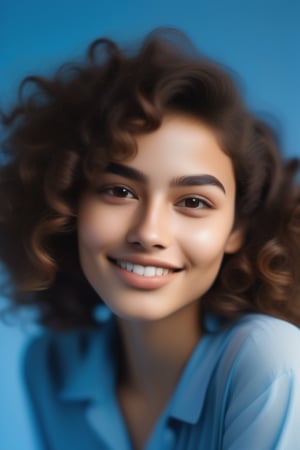 Amazingly beautiful woman oval face, radiant skin texure, fair complexion, sharp nose, almond shaped brown eyes,soft curve angled eye brows, smiling and keeping her finger on her lips,curly hairs  type 3c ,sky blue shirts with collar up,plash detailed, surreal dramatic lighting shadow (lofi, analog)