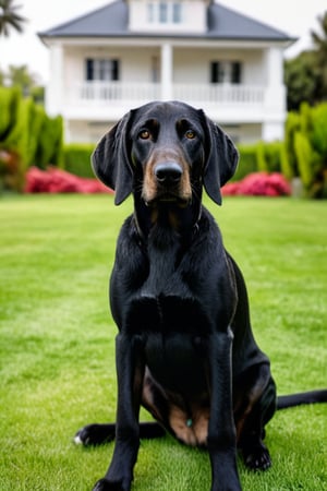 Generate hyper realistic image of  black hound sitting in green lawns in front of white villa.The puppy is looking at the camera. The background is out of focus.