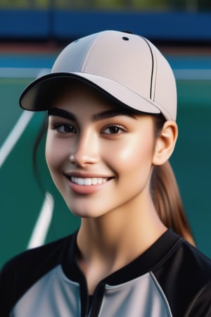 Amazingly beautiful woman oval face, radiant skin texure, fair complexion, sharp nose, almond shaped brown eyes,soft curve angled eye brows, smiling ,straight hairs  pony tell, baseball cap ,grey and black gym wears,tennis court,splash detailed, surreal dramatic lighting shadow (lofi, analog)