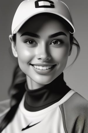 Amazingly beautiful woman oval face, radiant skin texure, fair complexion, sharp nose, almond shaped brown eyes,soft curve angled eye brows, smiling ,straight hairs  pony tell, black and white gym wears,baseball cap,long range shot, splash detailed, surreal dramatic lighting shadow (lofi, analog)