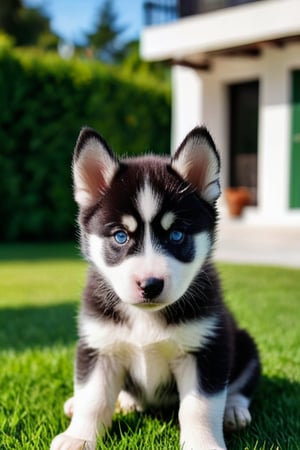 Generate hyper realistic image ofna black and white husky puppy sitting in green lawns in front of white villa.The puppy is looking at the camera. The background is out of focus.